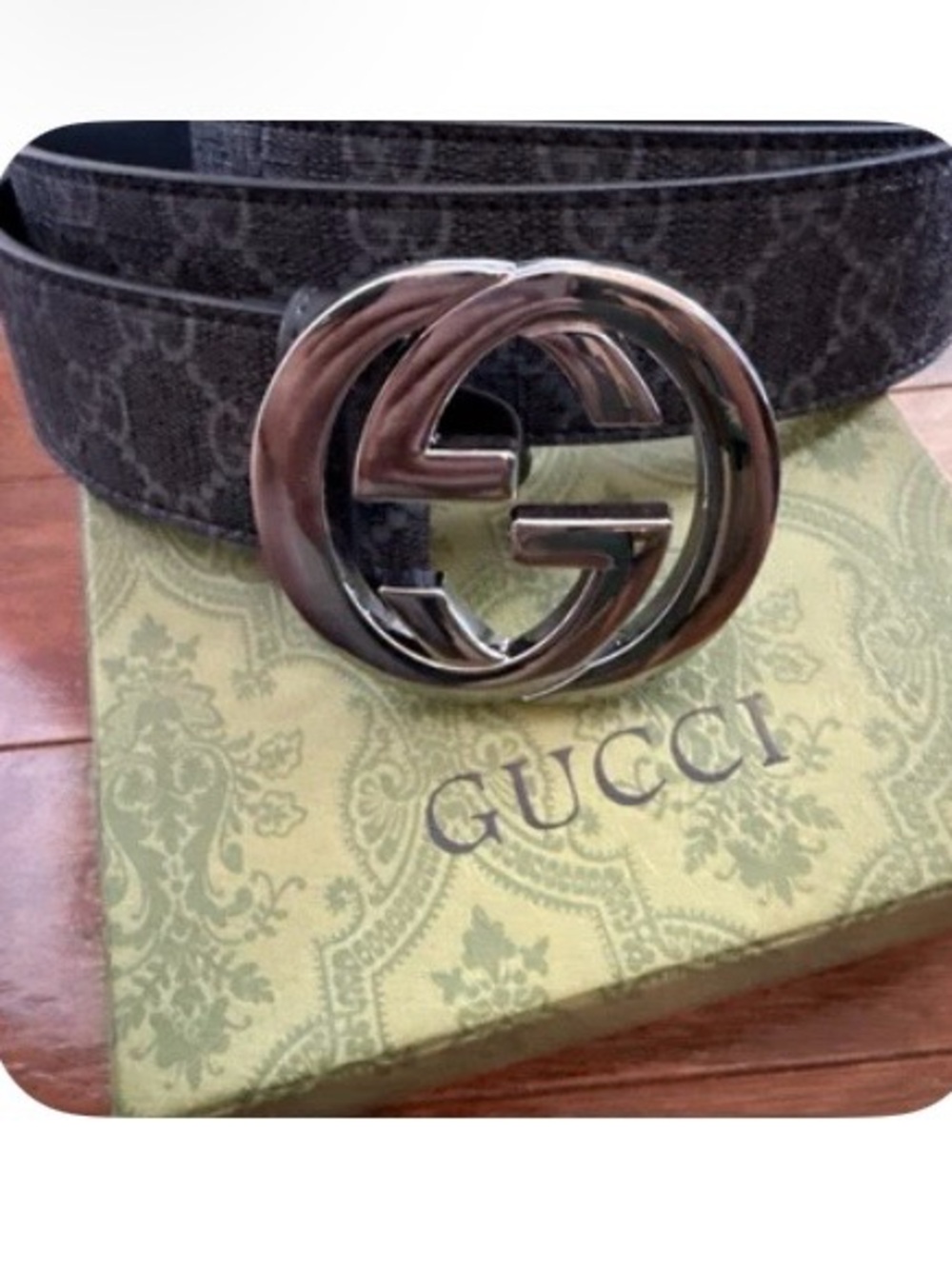 Gucci Black GG Monogram Leather Belt with Silver Double G Buckle, size 44